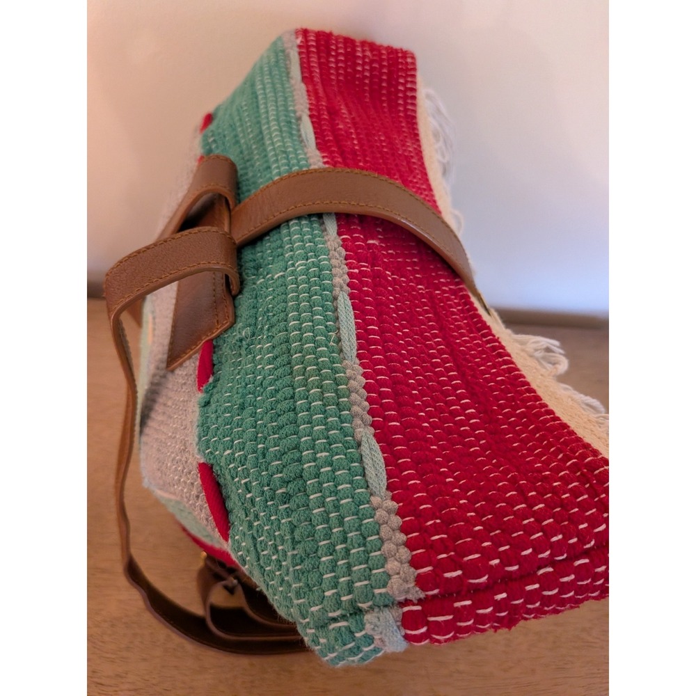 Boho Woven Textile Leather Bucket Backpack Fringe Multi-Color Striped Purse - Picture 6 of 14